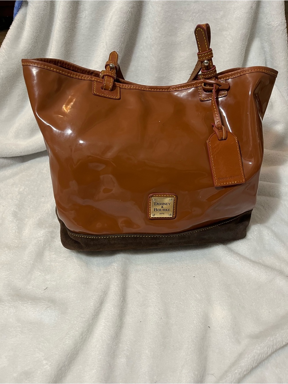 Dooney & Bourke Cognac Patent Leather Tote with Dark Brown Suede Base